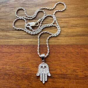Hamsa Hand Evil Eye Moissanite Pendant Necklace Silver Iced Pave Rope Chain Prot